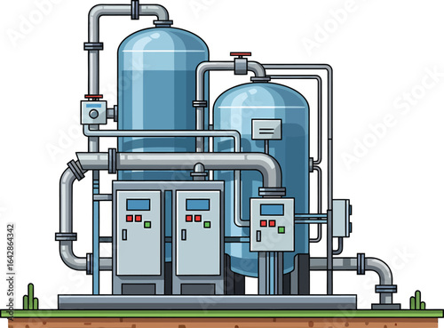 Industrial Water Treatment System with Blue Tanks and Piping.