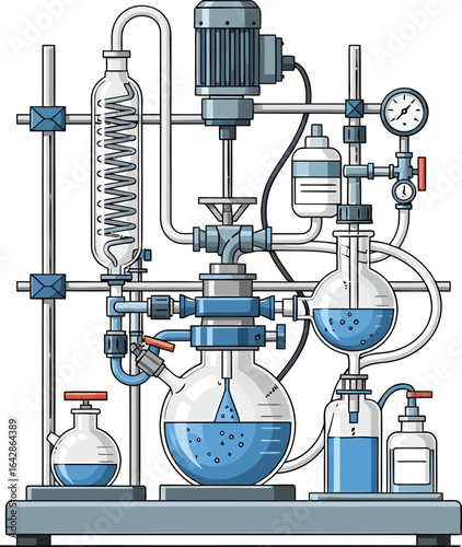 Intricate laboratory distillation apparatus with motor and pressure gauge.