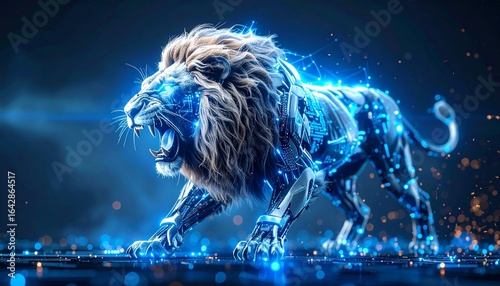 Cybernetic lion roars amid glowing circuitry—futuristic fusion of nature and technology, symbolizing power, evolution, and digital dominance.