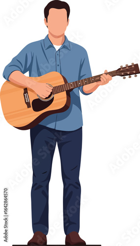 Man playing acoustic guitar casual attire full body illustration.
