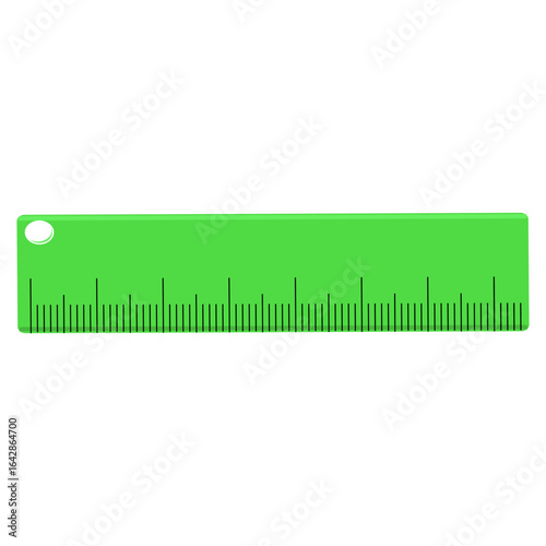 Green plastic ruler with metric and imperial measurements on white background