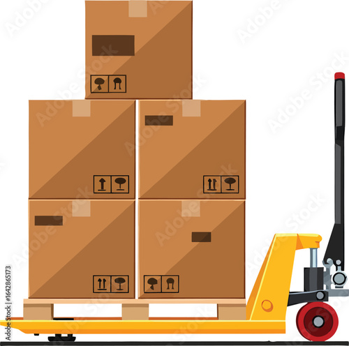 Pallet Jack Lifting Stack of Cardboard Boxes with Fragile Symbols.