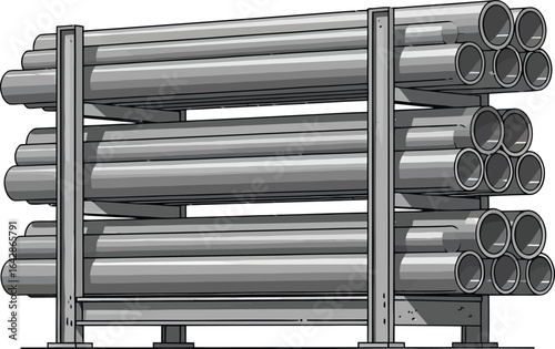 Stacked Metal Pipes on Industrial Rack.