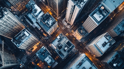 Aerial view of a busy city intersection. Skyscrapers cluster around a central crossroads
