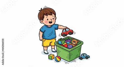 Joyful young boy happily playing with a colorful toy car, putting it into a green bin filled with blocks and a teddy bear, fostering childhood imagination and fun