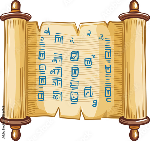 Ancient Scroll with Blue Hieroglyphics – old parchment manuscript illustration.
