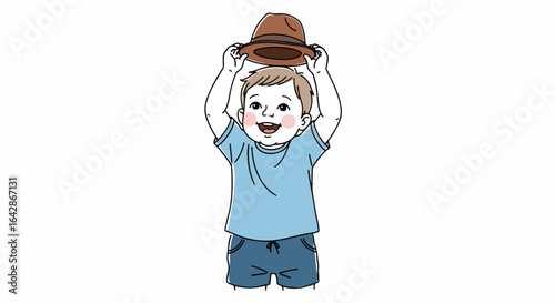 Joyful toddler gleefully places a stylish fedora hat on their head, radiating pure childhood delight and playful innocence.