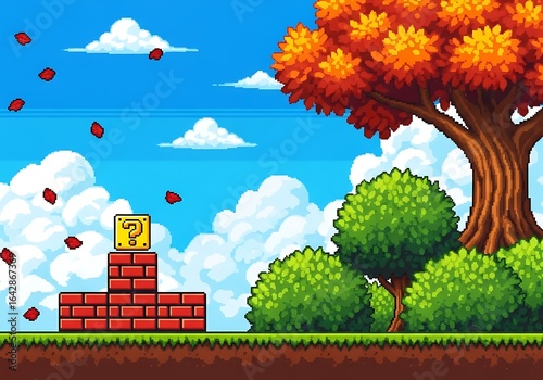 Pixel art landscape with question block and autumn tree