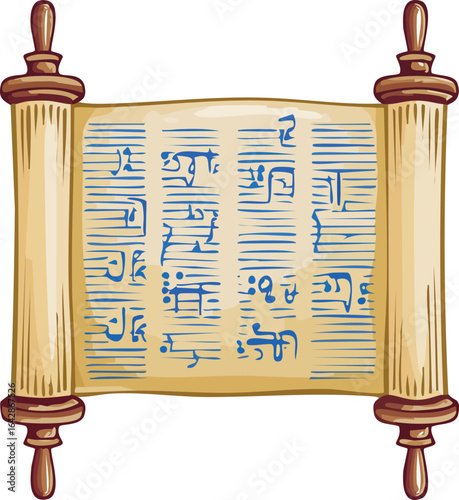 Ancient Scroll with Blue Hieroglyphics – old parchment manuscript illustration.