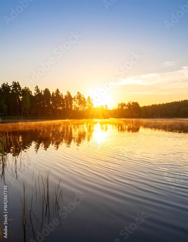Calm lake reflecting a vibrant sunrise over a tree line