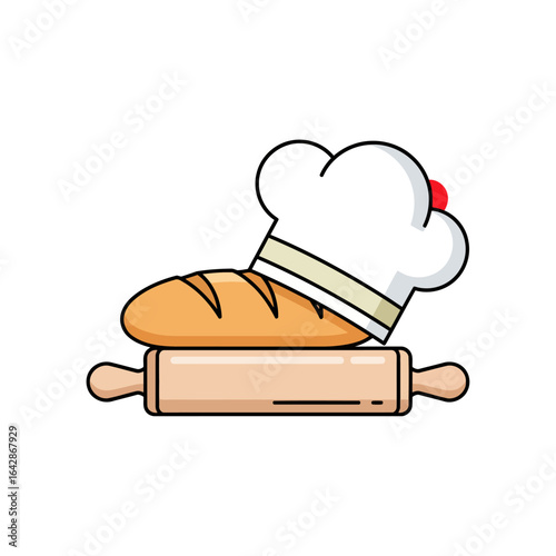 A bakery icon. Fusing a rolling pin, bread, and chef's hat, it symbolizes culinary skill, fresh-baked goods, and the love of handcrafted treats