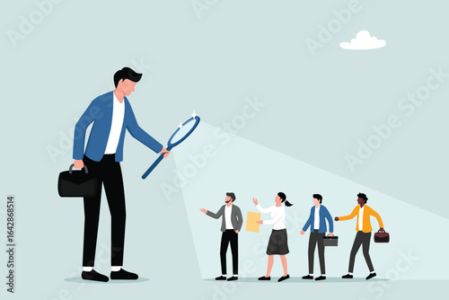 Recruitment looking for the best candidate or job, Human resources, selecting talent for job vacancy concept, employer boss or HR using magnifying glass to select job interview person.