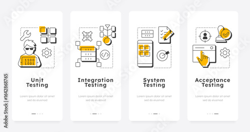 Software testing levels mobile app onboarding screens. Programming process. System integration, technology. Flat UI UX design, orange highlight with outline icons conceptual. Lexend font used