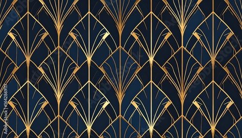 Abstract art deco pattern in navy and gold; geometric shapes and lines create a luxurious, repeating design