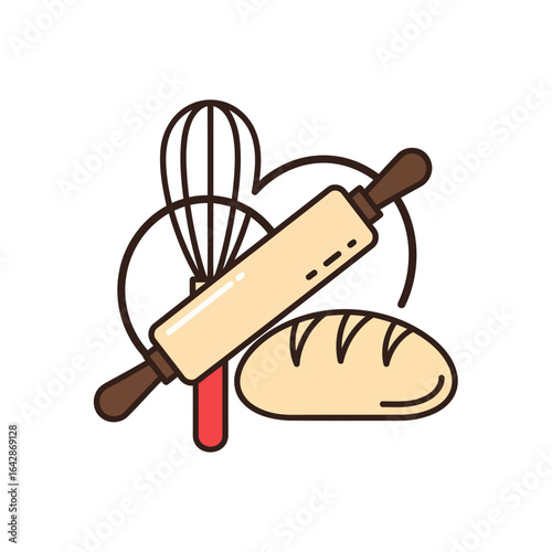 A culinary art icon. Fusing a whisk, rolling pin, and bread, it symbolizes fresh baking, handcrafted goods, and kitchen creativity