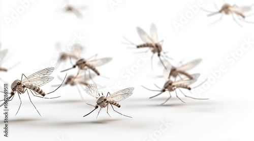 Many mosquitoes in flight against a white background