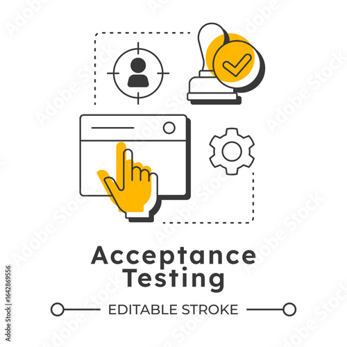 Acceptance testing modern linear concept icon. Target customer, goal. User experience, quality assurance. Flat outline elements connected with dotted lines. Creative visual. Easy to edit