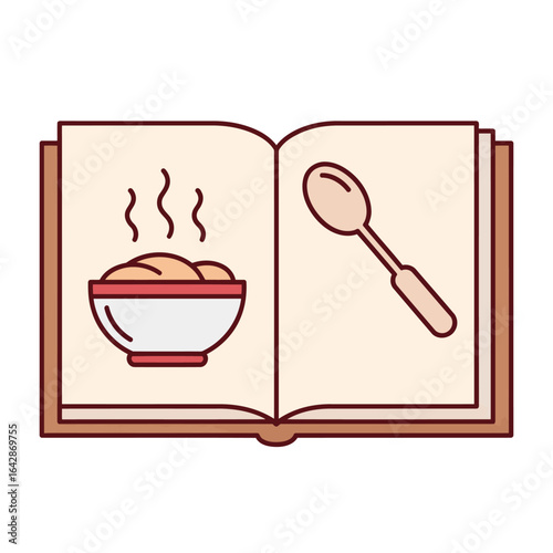 A dining menu icon. Fusing a book, bowl, and spoon, it symbolizes a warm meal, delicious food, and the pleasure of culinary selection