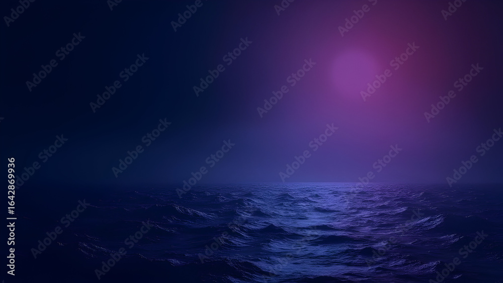 Fototapeta premium Deep Ocean Night Scene Dark Blue to Eggplant Sky Illuminated by a Bright Pinkish Purple Glow Gentle Waves Rolling Water Surface