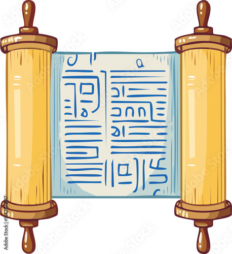 Ancient Scroll with Blue Hieroglyphics – old parchment manuscript illustration.