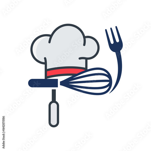 A gourmet icon. Fusing a chef's hat, whisk, and fork, it symbolizes culinary mastery, professional cooking, and the elegance of fine dining