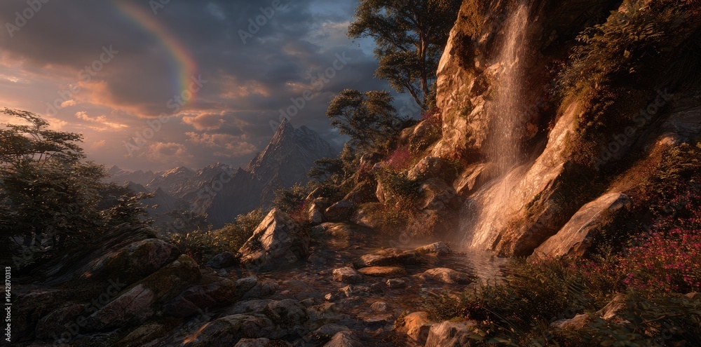 Fototapeta premium Magical Waterfall Mountain Landscape Sunset View