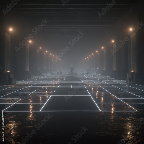 Empty, fog-filled corridor with geometric floor