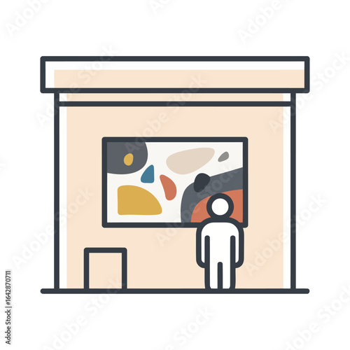 A minimalist gallery icon. Fusing a building, abstract art, and a viewer, it symbolizes modern exhibitions, curated art, and the joy of appreciation