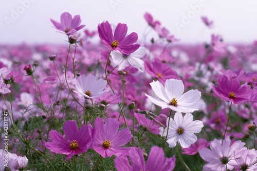 Pink And White Cosmos Flowers In Full Bloom