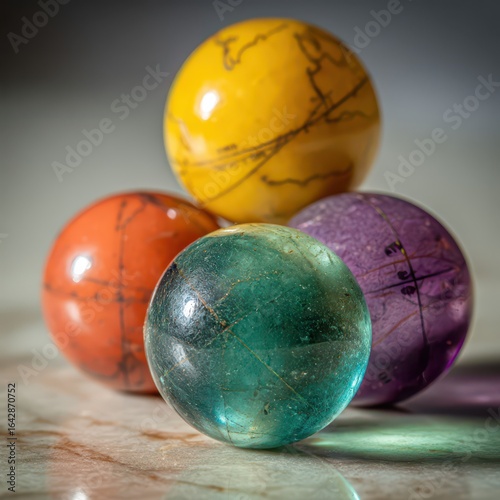 Colorful, spherical objects, possibly marbles or crystal spheres, arranged in a pyramid shape on a marble surface