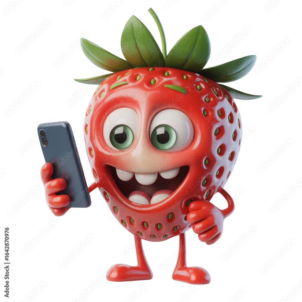 Fototapeta premium Happy cartoon strawberry character holding a smartphone and smiling. Isolated Transparent Background