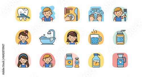 Adorable children's icons depict daily hygiene routines like brushing teeth, washing hands, bathing, and healthy habits, perfect for educational or wellness content.