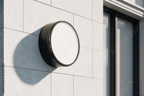Round, black sign on light stone wall