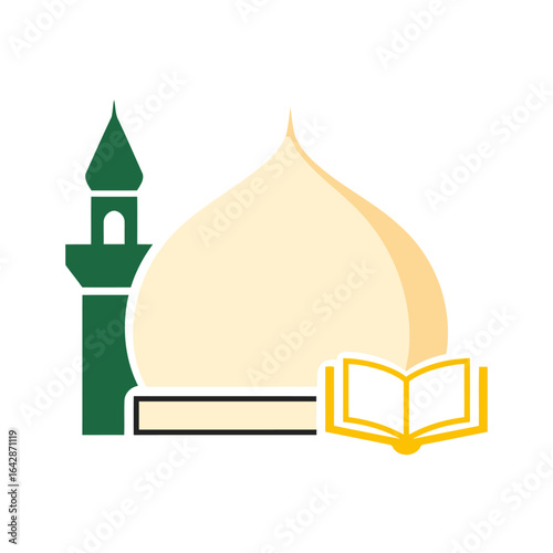 A peaceful worship icon. Fusing a dome, minaret, and book, it symbolizes sacred spaces, holy texts, and spiritual reflection