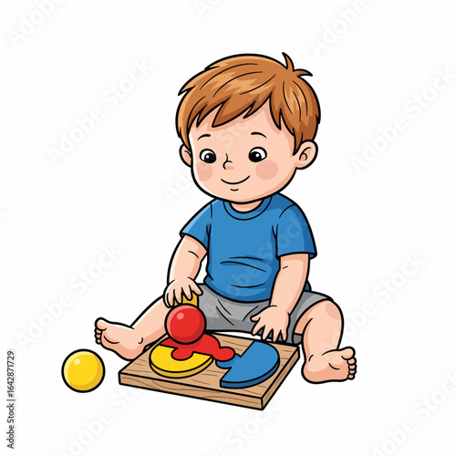 Joyful toddler boy happily building a colorful wooden puzzle, learning and developing fine motor skills during playtime