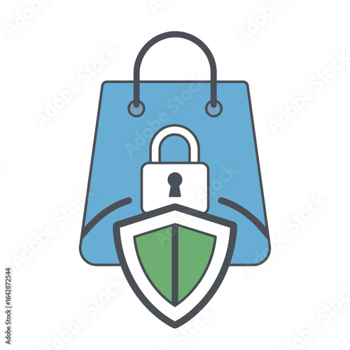 A secure shopping icon. Fusing a bag, shield, and padlock, it symbolizes safe transactions, data protection, and trustworthy e-commerce