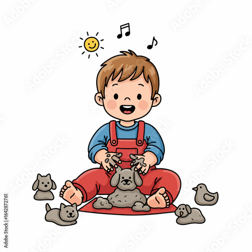 Joyful child happily playing with clay creating animal figures under a sunny sky with cheerful music notes floating above