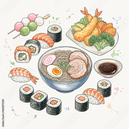 Delicious Japanese Cuisine: Sushi Ramen Tempura and Dango Displayed Artistically.