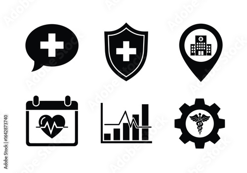A set of six black and white medical icons, including a speech bubble with a cross, a shield with a cross, a location pin with a hospital, a calendar with a ...