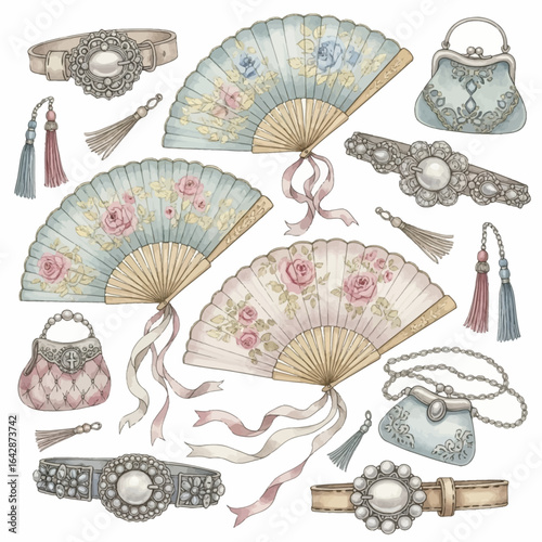 Elegant Watercolor Collection of Vintage Fans Purses and Belts with Floral Accents.