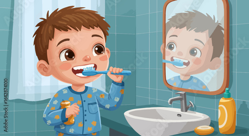 Joyful young boy happily brushing teeth in bathroom mirror, learning healthy dental hygiene habits for a bright smile