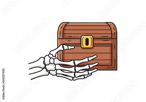 Skeleton hand with locked treasure chest symbolizes mystery and security. Ideal for halloween, pirate themes, escape room concepts, and mystery genres.