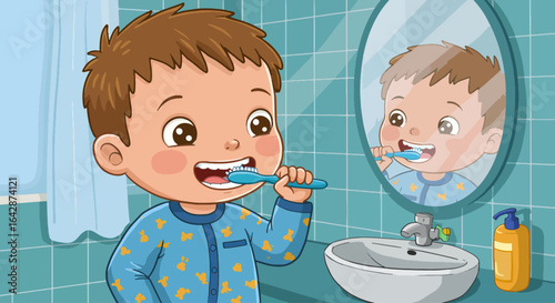 Adorable young boy happily brushing his teeth in the bathroom mirror, promoting healthy dental hygiene habits for children