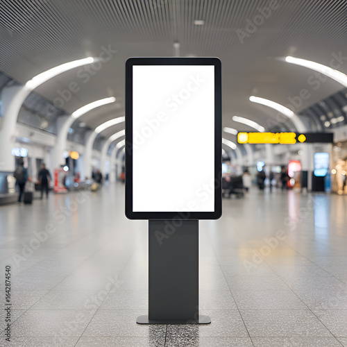 Airport digital billboard in a modern terminal. Blank display in a busy travel hub, awaiting advertisement content.