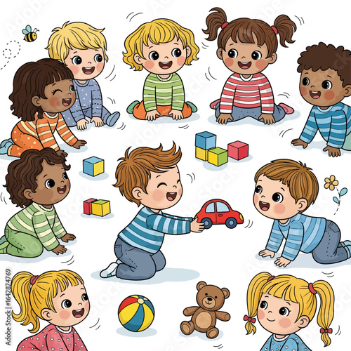 Adorable diverse toddlers happily playing together with colorful toys in a bright, cheerful playroom setting, promoting childhood joy and development