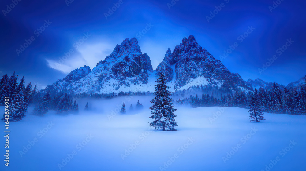 Fototapeta premium Serene Winter Landscape Featuring Majestic Mountains Under Dramatic Blue Sky and Soft Snow Covered Ground