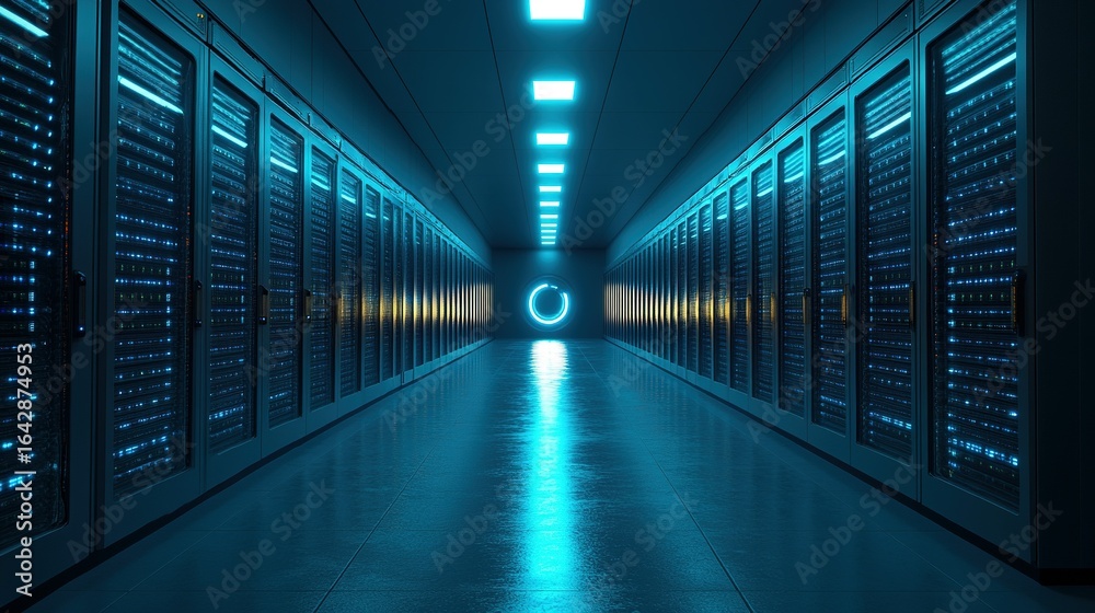Fototapeta premium Data center with servers and blue lighting showing technology and computer infrastructure.