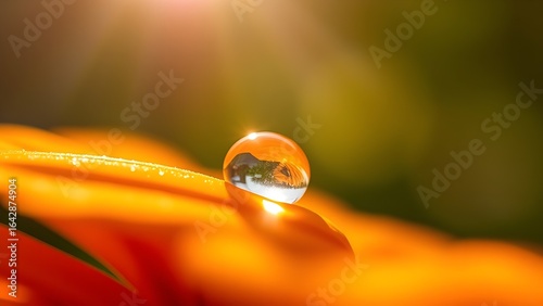 Macro Close-Up of Dewdrop on Orange Marigold Petal in Sunlight