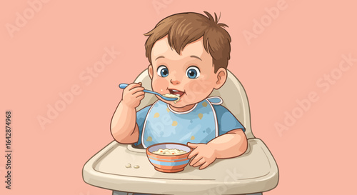 Adorable baby happily eats breakfast from a bowl while wearing a bib in a high chair, capturing a sweet childhood moment