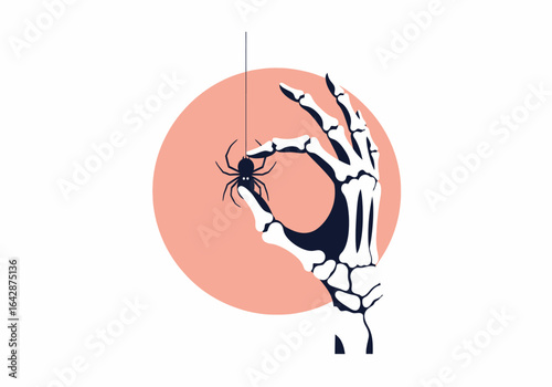 Skeletal hand holding spider on pink background suitable for halloween invitations, spooky designs, or creepythemed websites and social media.